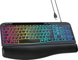 Apšviesta laidinė klaviatūra, odinė riešo atrama ir mobiliojo telefono laikiklis, USB klaviatūra su keliais Fn klavišais, "Win/Mac" dviguba sistema
