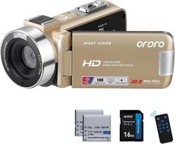 ORDRO Full HD 1080P 30MP vaizdo kamera 18x skaitmeninis priartinimas IR naktinio matymo "YouTube" vaizdo kamera 3,0 colių 270° pasukamas ekranas su 16GB kortele ir 2 akumuliatoriais Vlogų kamera (auksinė)