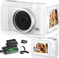 Skaitmeninis fotoaparatas 4K, 48MP 16X automatinio fokusavimo skaitmeninis priartinimo fotoaparatas, 3 colių 180° apverčiamas LCD ekranas HD kompaktiškas Vlog fotoaparatas su įkrovimo stotele, 2 x 800 mAh baterijos, 32GB kortelė pradedantiesiems, vaikams