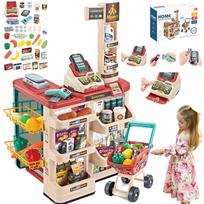 WOOPIE Supermarketas su pirkinių vežimėliu, kasa, svarstyklėmis ir skeneriu (48 priedai)