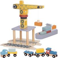 TOOKY TOY Medinis 4in1 rinkinys: XL uosto kranas, laivas, sunkvežimis ir traukinukas su magnetais