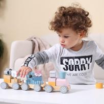 VIGA PolarB Medinis Montessori traukinukas su vagonėliais ir gyvūnėliais sukrovimui