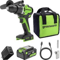 "Greenworks DD590" 24 V bešepetėlinis akumuliatorinis gręžtuvas 90 Nm, 21 lygis, su 4,0 Ah USB-C akumuliatoriumi (24 000 mAh energijos bankas) ir 65 W USB-C greituoju įkrovikliu