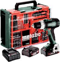 "metabo BS 18 L" akumuliatorinių gręžtuvų rinkinys - 18 V, CAS, 60 Nm sukimo momentas, LED lemputė, kablys diržui, kompaktiškas ir galingas gręžimui ir varžtų sukimui, 2 akumuliatoriai po 2,0 Ah, įkroviklis, 74 dalių priedai ir dėklas