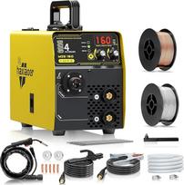 160A MIG suvirinimo aparatas 4 in 1 pusiau automatinis sinergijos dujinis MIG / be dujų MIG / ARC / lift TIG MIG suvirinimo aparatas su kietos šerdies fliuso šerdies vielomis, geltonos spalvos