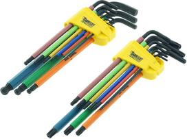 18 dalių "SabreCut SCTGKB1" minkštos rankenos "Soft Grip Comfort" ypač ilgų šešiakampių deimantinių ir "Torx" apsauginių raktų rinkiniai, juodojo oksido su spalviniais kodais - 1,5 mm - 10 mm dydžiai T10-T50
