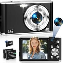 4K Digitalkamera 48MP Autofokus Fotokamera mit Dual Kamera, Kompaktkamera Fotoapparat mit 16X Digitalzoom, 2,8" großem Bildschirm, 32GB Karte & 2 Batterien für Kinder Teenager Anfänger-Schwarz