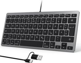 OMOTON laidinė "Mac" klaviatūra, klaviatūros kabelis su dviguba jungtimi (C/USB tipo), tylūs klavišai ir stabilus ryšys, vokiškas išdėstymas (QWERTZ), suderinama su "MacBook", "iMac", "Mac Mini", pilka