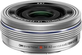 OM System M Zuiko Digital 14-42mm F3.5-5.6 EZ objektyvas, standartinis priartinimas, tinka visiems MFT fotoaparatams (Olympus OM-D ir Pen modeliams, Panasonic G serijai), sidabrinės spalvos