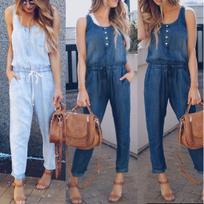 Vasarinis Madingas Moteriškas Džinsinis Kombinezonas Be Rankovių Denim Jumpsuit Ilgos Kelnės Romperis M tamsiai mėlyna spalva