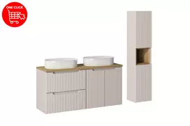 Baldų komplektas 120 cm su stalviršiu, 2 Beyond praustuvais ir aukšta spintele SET-NOC B ĄŽUOLAS 120CM D/S UN BEYOND 5 WH HC