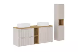 Baldų komplektas 140 cm su stalviršiu, 2 „Beyond“ praustuvais ir aukšta spintele - ąžuolo spalvos, 140 cm, be kojelių, aukštas