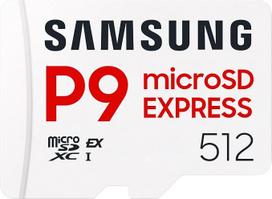 "Samsung P9 Express" "microSD Express" 512GB didelės spartos žaidimų atminties kortelė, skirta "Nintendo Switch 2", iki 800MB/s skaitymo, iki 310MB/s įrašymo, skirta 4K UHD vaizdo įrašams, konsolėms ir fotoaparatams, MB-MK512T/WW