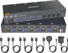 8K@60Hz dviejų monitorių KVM jungiklis, ESKEVE 4K@144Hz HDMI Displayport KVM jungiklis 4 PC 2 monitoriams, dalijantis 2 monitoriais ir 4 USB įrenginiais, laidinis maitinimo šaltinis ir 4 USB 3.0 kabeliai