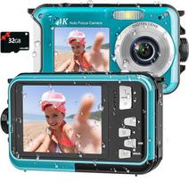 Skaitmeninis fotoaparatas, "Yixinxin" povandeninis fotoaparatas Vandeniui atsparus fotoaparatas, skirtas nardymui Full HD 4K 64MP automatinio fokusavimo skaitmeninis fotoaparatas Vandeniui atsparus asmenukėms Dvigubas ekranas 16 pėdų 16X skaitmeninis pria