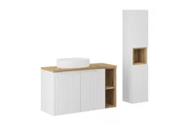 Baldų komplektas 100 cm su stalviršiu, praustuvu Beyond ant stalviršio ir aukšta spintele SET-NOW B ĄŽUOLAS 100CM UN BEYOND WH HC LR
