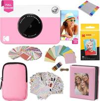 "KODAK Printomatic" spalvoto momentinio spausdinimo fotoaparato dovanų paketas + minkštas dėklas + cinko 2 x 3 colių lipnus fotopopierius (20 vnt.) + albumas + lipdukų rinkiniai + lipdukų rėmelis + pakabinamas rėmelis + žymeklis - rožinis