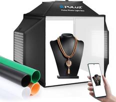 PULUZ 40 cm foto dėžė Softbox 40 x 40 cm fotostudijos šviesos palapinė su 5500 K apšvietimu ir 4 spalvų fonu, apšvietimo rinkinys produktų, papuošalų ir mažų objektų fotografijai