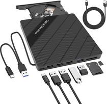 XMSJSIY Išorinis CD/DVD diskas nešiojamajam kompiuteriui USB 3.0 Type-C Nešiojamasis CD/DVD ROM +/-RW Drive Burner Player Diskų kopijavimo įrenginys su USB 3.0/Type-C/SD/TF kortelės prievadais 8 in 1 staliniam kompiuteriui "Mac