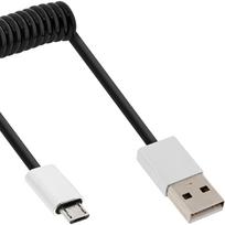 InLine® Micro-USB 2.0 Spiralkabel, USB-A Stecker an Micro-B Stecker, schwarz/Alu, flexibel, 3m (31730R)