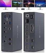 "Displaylink" USB C KVM perjungiklio prijungimo stotelė, 4K60Hz HDMI KVM perjungiklis 2 PC 4 monitoriams, skirtas "Windows" ir "Mac M1/M2/M3/M4", 10Gb/s USBC duomenų/1Gb/s eterneto prievadas, garso / mikrofono su IR valdymu ir USBA-C į C kabeliu