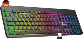 KLIM Light V2 belaidė žaidimų klaviatūra QWERTZ + plokščia ergonomiška subtili vandeniui atspari apšviesta žaidimų klaviatūra, skirta PC Mac PS4 PS5 + integruota ilgai veikianti baterija