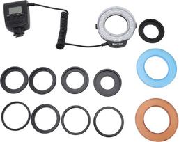 Makro žiedinė blykstė DSLR fotoaparatams, LED blykstė su LCD ekranu, adapterio žiedais ir blykstės difuzoriais, makro LED žiedinė blykstė Speedlite