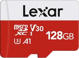 "Lexar" Micro SD kortelė 128GB, Micro SD atminties kortelė su SD adapteriu, iki 100MB/s skaitymo greitis, UHS-I, U3, A1, V30, C10, 4K UHD microSDXC atminties kortelė