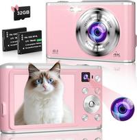 4K Digitalkamera 48MP Autofokus Fotokamera mit Dual Kamera, Kompaktkamera Fotoapparat mit 16X Digitalzoom, 2,8" großem Bildschirm, 32GB Karte & 2 Batterien für Kinder Teenager Anfänger-Rosa