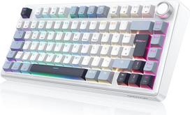OMOTON mechaninė žaidimų klaviatūra su QWERTZ ISO-DE išdėstymu, "Hot-Swap" belaidė žaidėjų klaviatūra, 75% RGB, penkių sluoksnių slopinimas ir mygtukas, "Bluetooth/2.4G/USB-C", kreminis linijinis jungiklis, MK211