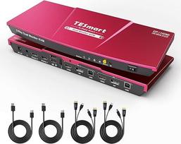 TESmart KVM jungiklis 2 monitoriai 2 kompiuterių DisplayPort ir HDMI 4K60HZ KVM jungiklis Dviejų monitorių su EDID emuliatoriais ir garso lizdu Kopijavimo ir išplėtimo režimo palaikymas Atnaujintas K&M suderinamumas su kabeliais Raudona