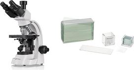 "Bresser BioScience Trino" trinokulinis mikroskopas 40 x 1000x padidinimas ir mikroskopo stikleliai 76 x 26 Pakuotė po 50 vnt. ir dengiamieji stikleliai 18 x 18 mm Pakuotė po 100 vnt.