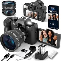 4K skaitmeninis fotoaparatas fotografijai su "WiFi" Vaizdo dienoraščių kamera "YouTube" Automatinio fokusavimo kompaktiškas skaitmeninis fotoaparatas su atlenkiamu ekranu, su 2 baterijomis, plačiakampiu ir makroobjektyvu, "MicroSD" kortele, kortelių skait