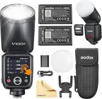 Godox V100-N V100 N fotoaparato blykstė su apvalia galvute ir 2 pakuočių Godox akumuliatoriumi 2.4G belaidis TTL Speedlight stroboskopas, 100 Ws HSS 1/8000s su ličio jonų akumuliatoriumi, skirtas Nikon fotoaparatams