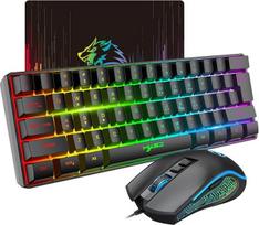 HXSJ V700 žaidimų klaviatūros ir pelės rinkinys, 60 % kompaktiška klaviatūra, 61 klavišas, TKL išdėstymas, RGB apšvietimas, optinė žaidimų pelė su 7 mygtukais, 7 spalvų LED apšvietimas, iki 3600 DPI, skirta PC, Mac Black