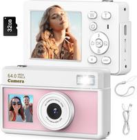 Skaitmeninis fotoaparatas 4K 64MP FHD Fotoaparatas su 32G kortele 18X skaitmeninis priartinimas Skaitmeninis fotoaparatas Nešiojamasis kompaktiškas fotoaparatas Vlogging fotoaparatas paaugliams, pradedantiesiems ir suaugusiesiems (rausvai juodas)
