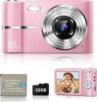 Skaitmeninis fotoaparatas 50 MP fotokamera 1080P vaizdo kamera su 16X skaitmeniniu priartinimu, 2,4 colių ekranas, mini kompaktiškas fotoaparatas vaikams ir paaugliams su 1 baterija, 32G kortele (rožinis)