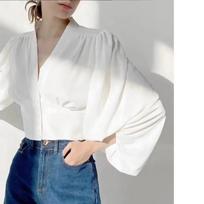 Blusas Rudens seksualūs marškiniai V formos iškirpte Moteriški marškiniai aukštu juosmeniu, žibintuvėliais rankovėmis, trumpi atlasiniai viršutiniai palaidi viršutiniai palaidiniai Palaidinė Kieti drabužiai 29535 One Size žalia