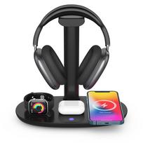 Ausinių stovas su 4 viename belaidžiu įkrovikliu - ausinių laikiklis ir stotelė, skirta „Apple Watch“, „AirPods Max/Pro/2“ / „iPhone 15/14/13“ juoda