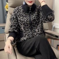 Autumn Winter Leopard Print Woolen Coat Short Style Zipper Korean Style Fashion Cardigan Top M pilka spalva