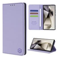Piniginė Odai nekenksmingas, tvirtas magnetinės kortelės lizdo stovas, atverčiamas odinis dėklas, skirtas Samsung Galaxy S24 iPhone 15 Xiaomi Redmi Note 13 Huawei P30 Lite Honor 10i Galaxy S24 violetinė