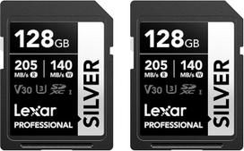 "Lexar Silver" sidabrinė SD kortelė 128GB 2 pakuotės UHS-I SDXC kortelė 205MB/s skaitymo greitis, 140MB/s įrašymo greitis, V30, U3, C10, 4K UHD vaizdo įrašas, SD atminties kortelė su "Lexar" viso gyvenimo duomenų atkūrimu