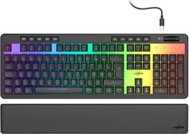 "uRage Exodus 515" apšviesta žaidimų klaviatūra Skaidri klaviatūra su nuimama riešo atrama, 10 lygių RGB apšvietimas, QWERTZ išdėstymas, juoda