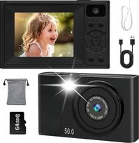 Skaitmeninis fotoaparatas 1080P 48MP foto kamera Nešiojamas kompaktiškas fotoaparatas su 2,4 colių LCD ekranu ir 64GB SD kortele, dovana vaikams, paaugliams, studentams, pradedantiesiems