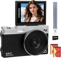 Skaitmeninis fotoaparatas 4K - 64MP fotoaparatas 16X automatinio fokusavimo skaitmeninis priartinimas Skaitmeninis fotoaparatas Vlog 3 colių 180° sulankstomas LCD ekranas Fotoaparatas 2 baterijos 32GB kortelė Dovanos pradedantiesiems vaikams