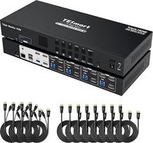 TESmart USB 3.0 HDMI KVM jungiklis 4 kompiuteriams, 3 monitoriams, 4K @ 60Hz KVM jungiklis su EDID emuliatoriumi, sparčiųjų klavišų grandine, mikrofono garso išvestimi, LAN, USB-C, IR, 4 prievadų HDMI KVM jungikliu, įskaitant 12 jungiamųjų kabelių