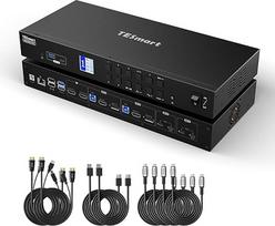TESmart 4K@60Hz dviejų monitorių KVM jungiklis 4 kompiuteriams, hibridiniai HDMI+DP+USB-C prievadai, 100 W įkrovimas, Gigabit Ethernet, MST vienas kabelis, duomenų apsaugos užraktas, "Win/Mac/Linux", biurui ir žaidimams