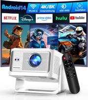 "Alwtniet" mini projektorius 4K 8K, Full HD 1080P išmanusis projektorius su "Android 14", "WiFi 6", "Bluetooth 5.4", automatinio fokusavimo automobilinis keystone 180° kampu besisukantis projektorius, mažas namų kino teatras, itin mažas atstumas