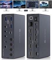 "Displaylink" USB C KVM perjungiklio prijungimo stotelė, 4K60Hz HDMI KVM perjungiklis 4 PC 4 monitoriams, skirtas "Windows" ir "Mac M1/M2/M3/M4", 10Gb/s USB C duomenų / 1Gb/s Ethernet įvestis, garso / mikrofono su IR valdymu ir USBA-C į C