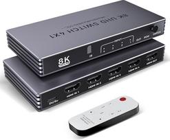 8K HDMI skirstytuvas 4K 240Hz HDMI jungiklis 4 in 1 Out - 4 prievadų jungiklis su nuotolinio valdymo pultu 8K @ 60Hz 4K @ 240Hz HDR10+ HDMI2.1 3D CEC HDR HDCP2.3, naudojamas PS5/4/3 Xbox DVD grotuvui Nintendo PC Fire Stick Apple TV